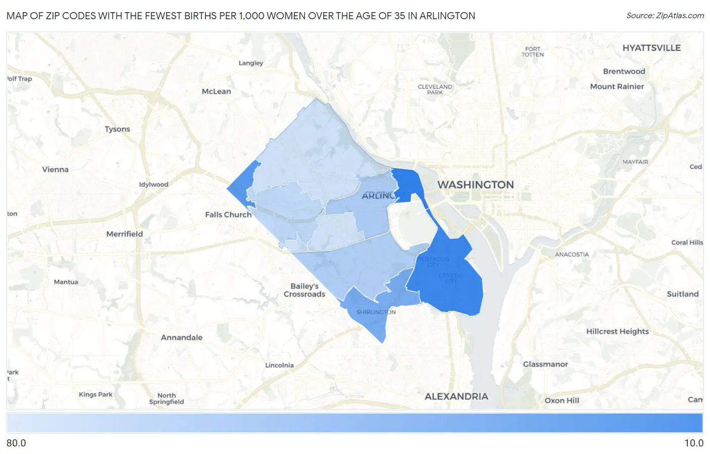 Zip Codes with the Fewest Births per 1,000 Women Over the Age of 35 in Arlington Map