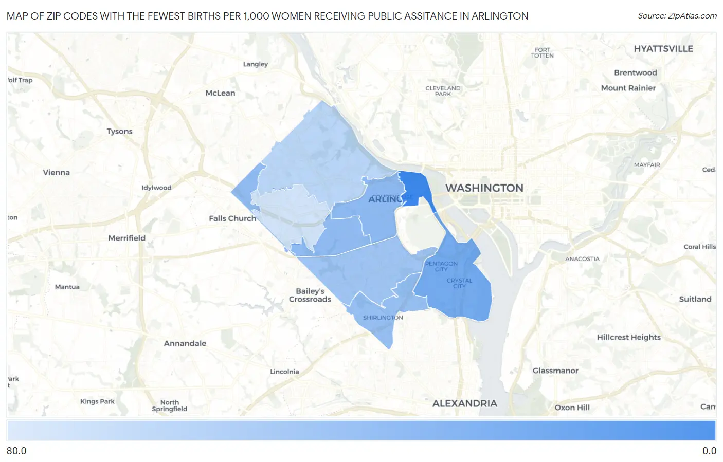 Zip Codes with the Fewest Births per 1,000 Women Receiving Public Assitance in Arlington Map
