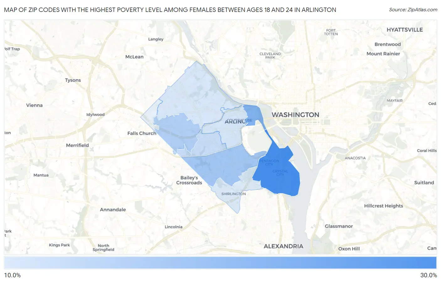 Zip Codes with the Highest Poverty Level Among Females Between Ages 18 and 24 in Arlington Map