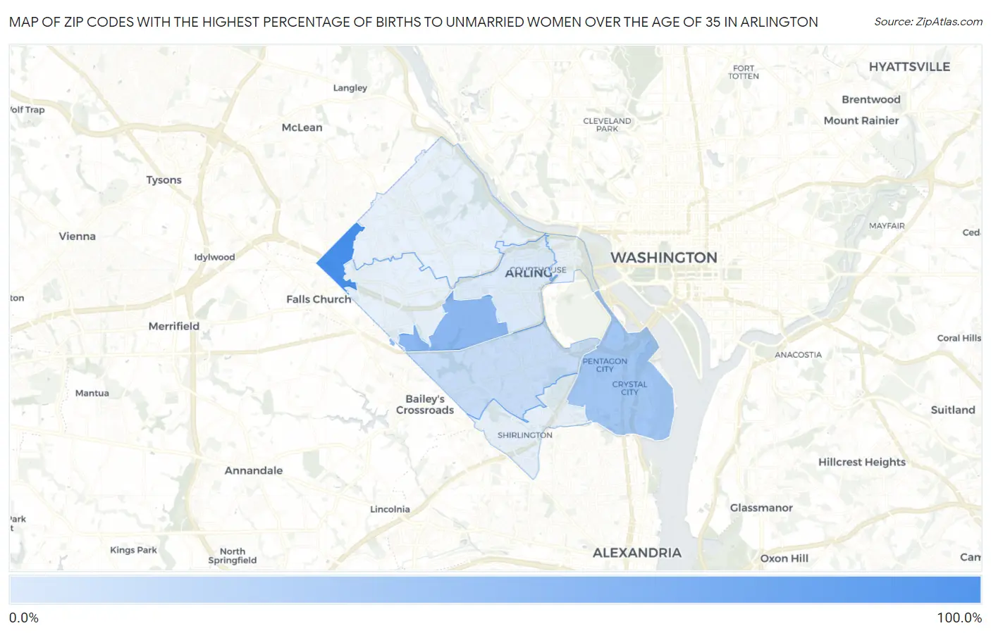 Zip Codes with the Highest Percentage of Births to Unmarried Women over the Age of 35 in Arlington Map