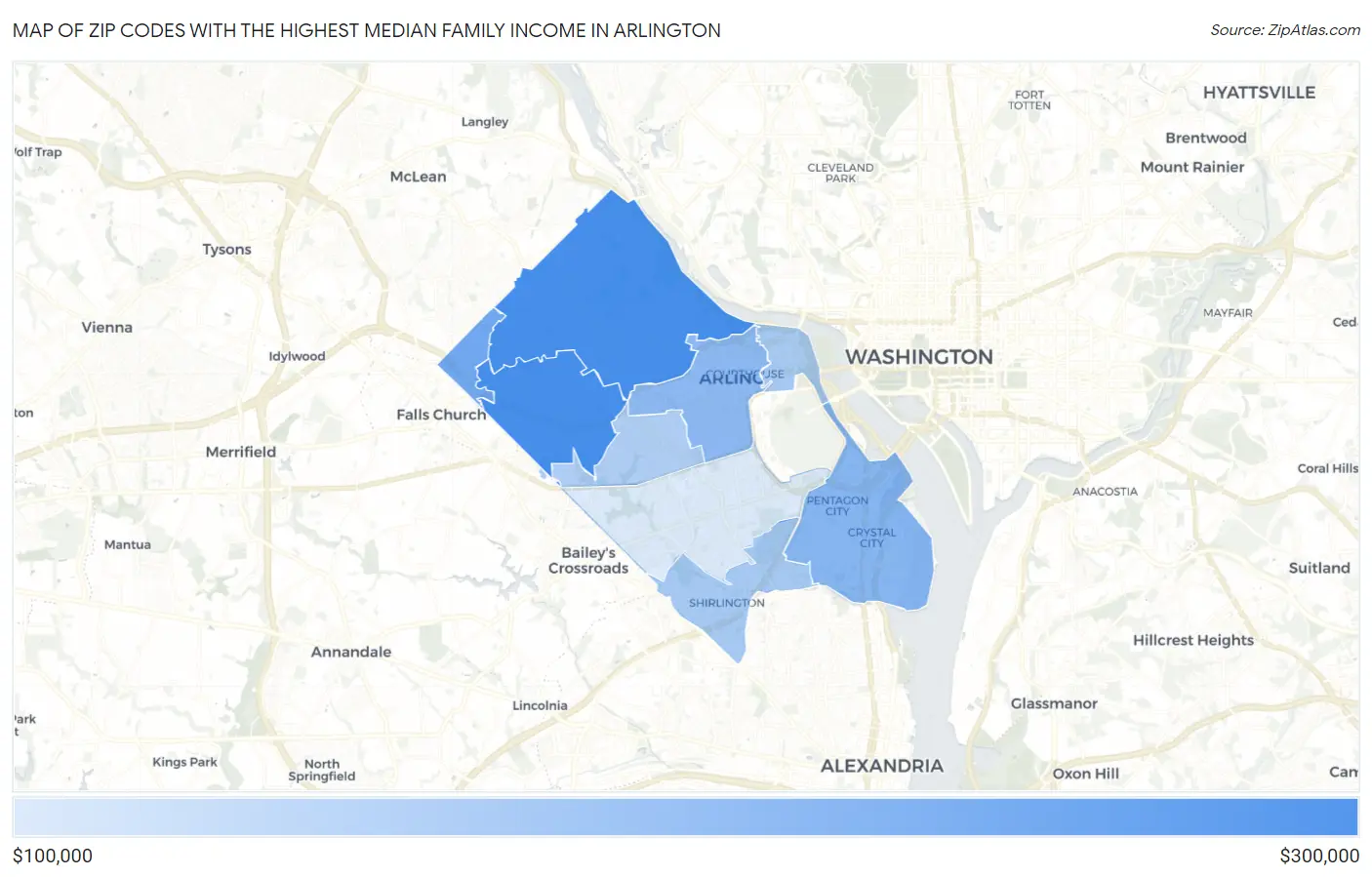 Zip Codes with the Highest Median Family Income in Arlington Map