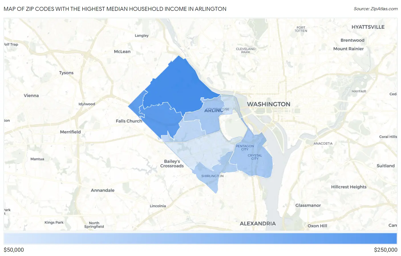 Zip Codes with the Highest Median Household Income in Arlington Map