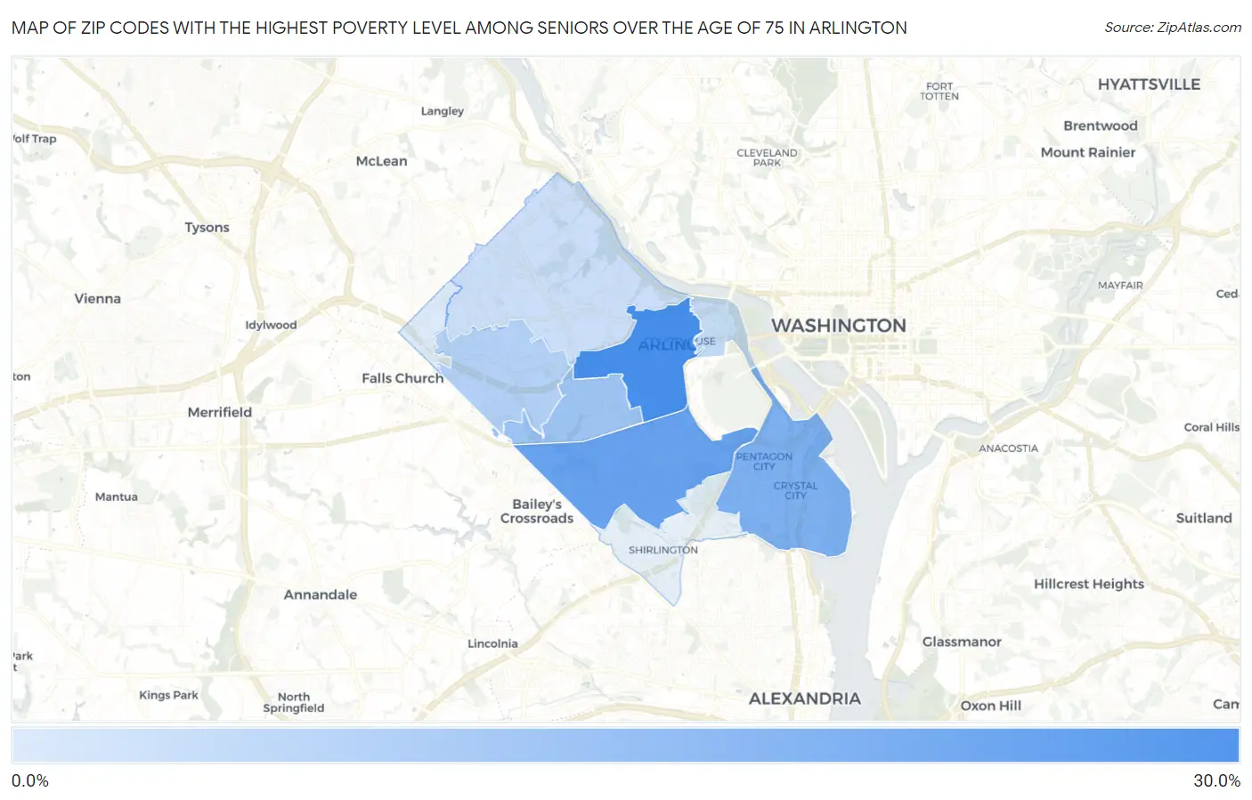 Zip Codes with the Highest Poverty Level Among Seniors Over the Age of 75 in Arlington Map