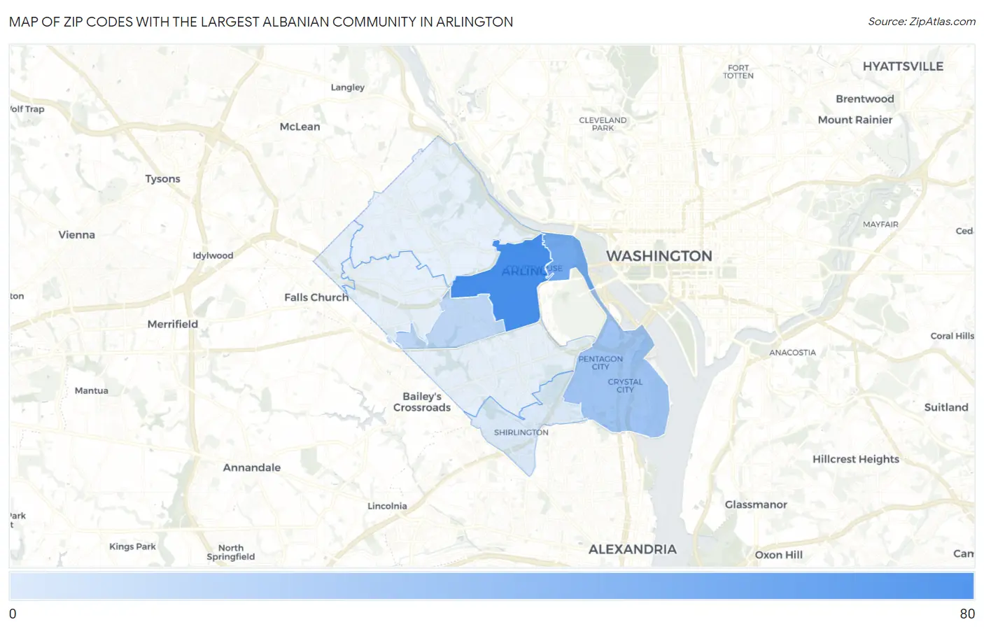 Zip Codes with the Largest Albanian Community in Arlington Map