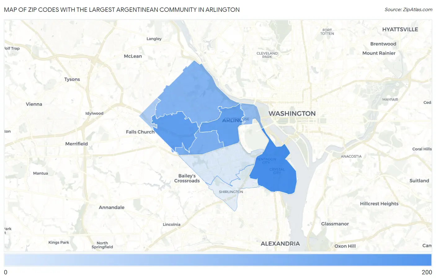 Zip Codes with the Largest Argentinean Community in Arlington Map