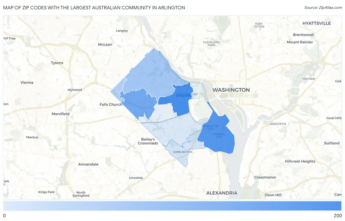 Zip Codes with the Largest Australian Community in Arlington Map
