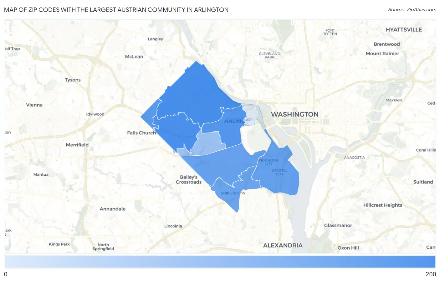 Zip Codes with the Largest Austrian Community in Arlington Map