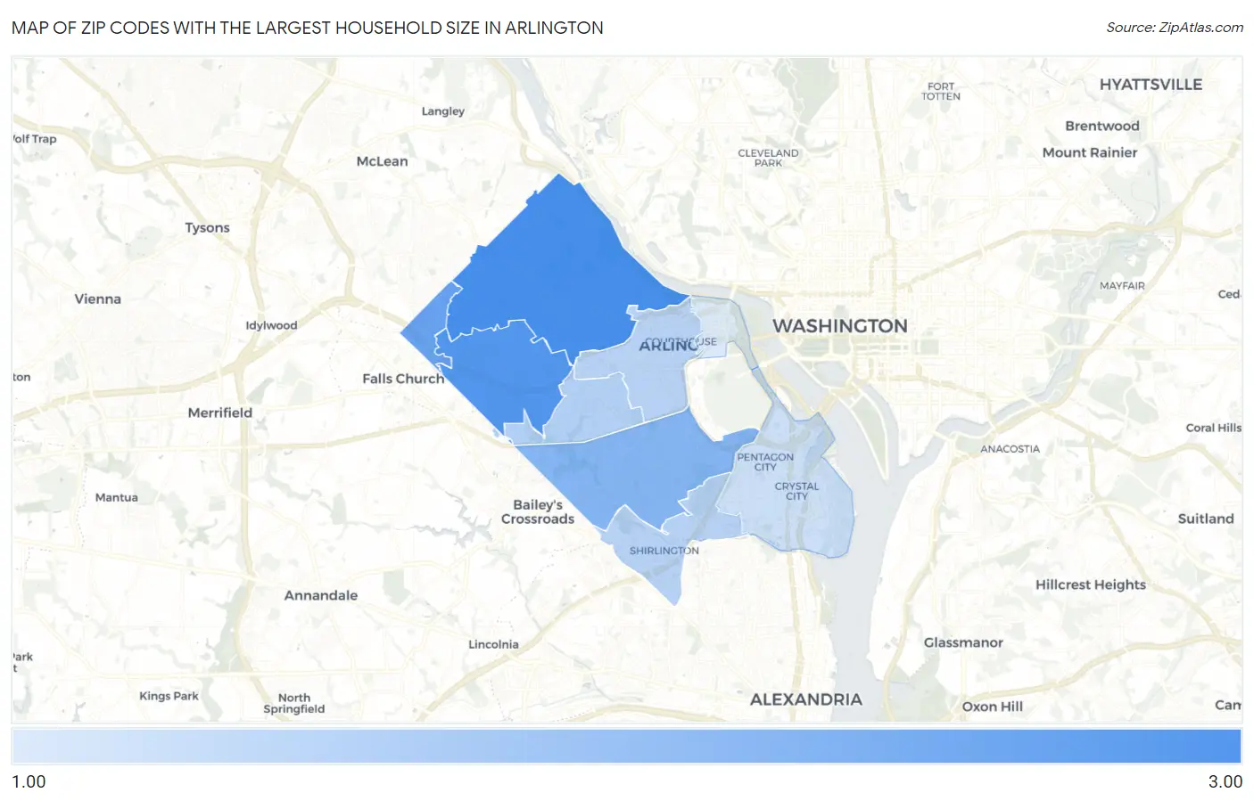Zip Codes with the Largest Household Size in Arlington Map