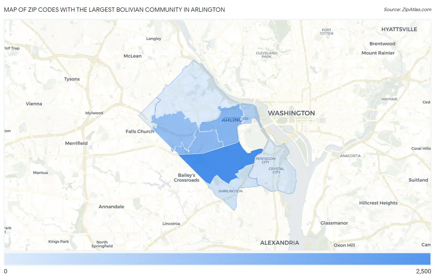 Zip Codes with the Largest Bolivian Community in Arlington Map