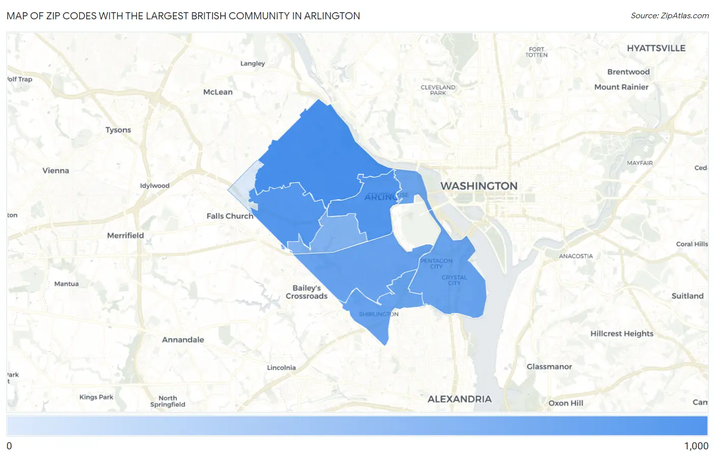 Zip Codes with the Largest British Community in Arlington Map