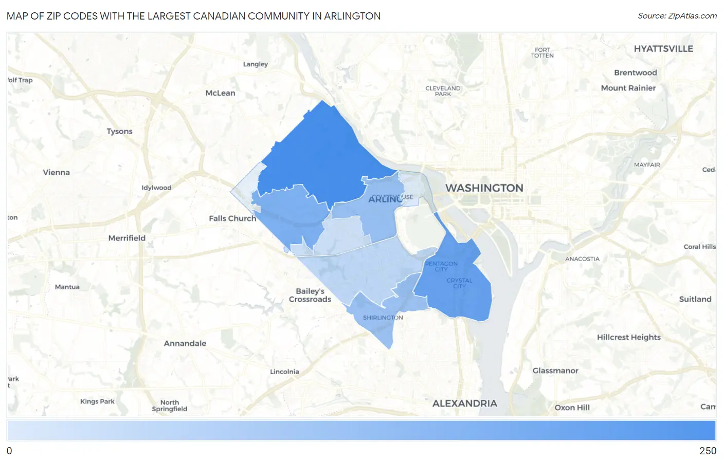 Zip Codes with the Largest Canadian Community in Arlington Map