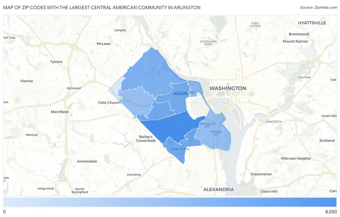 Zip Codes with the Largest Central American Community in Arlington Map