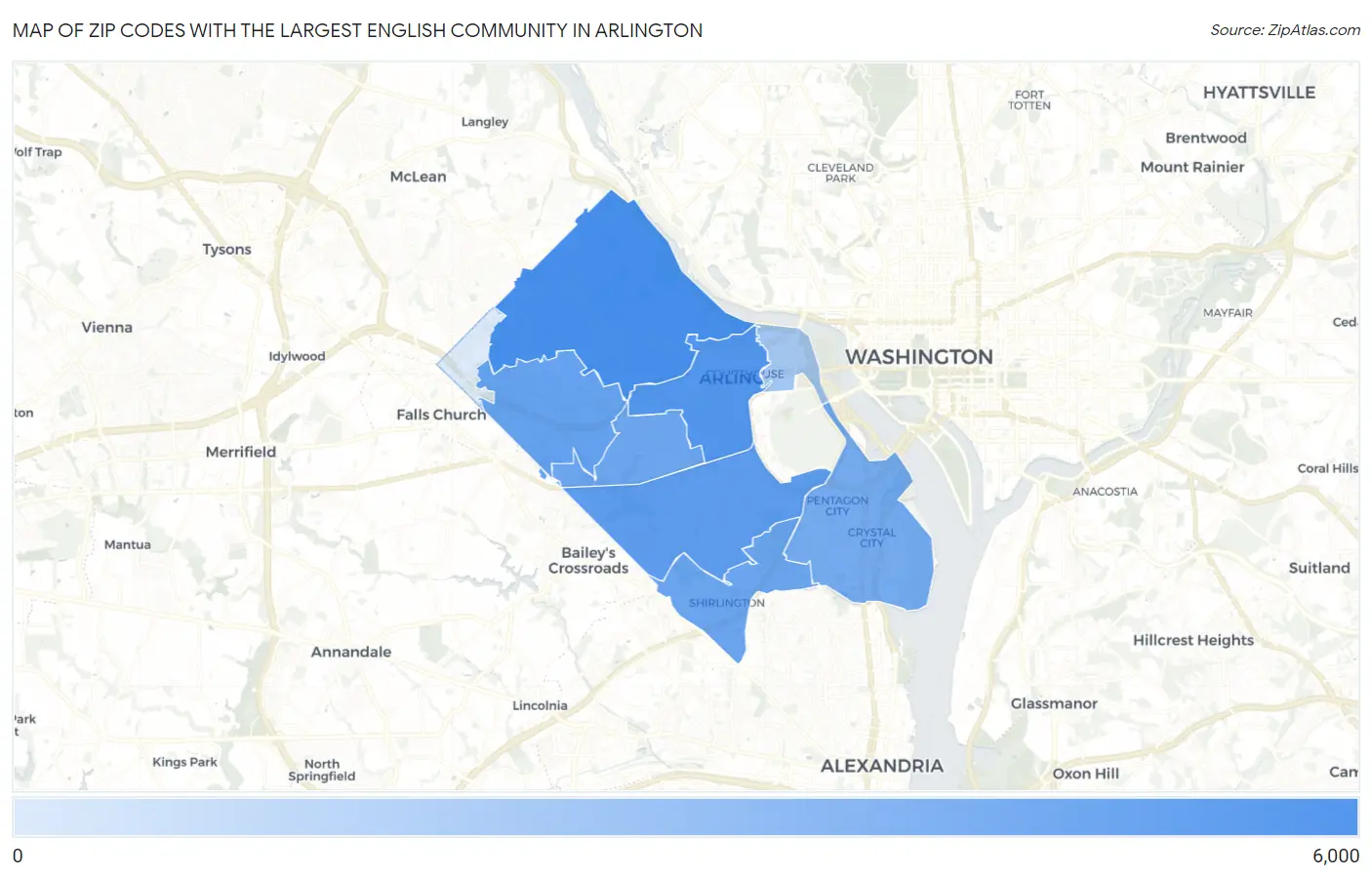 Zip Codes with the Largest English Community in Arlington Map