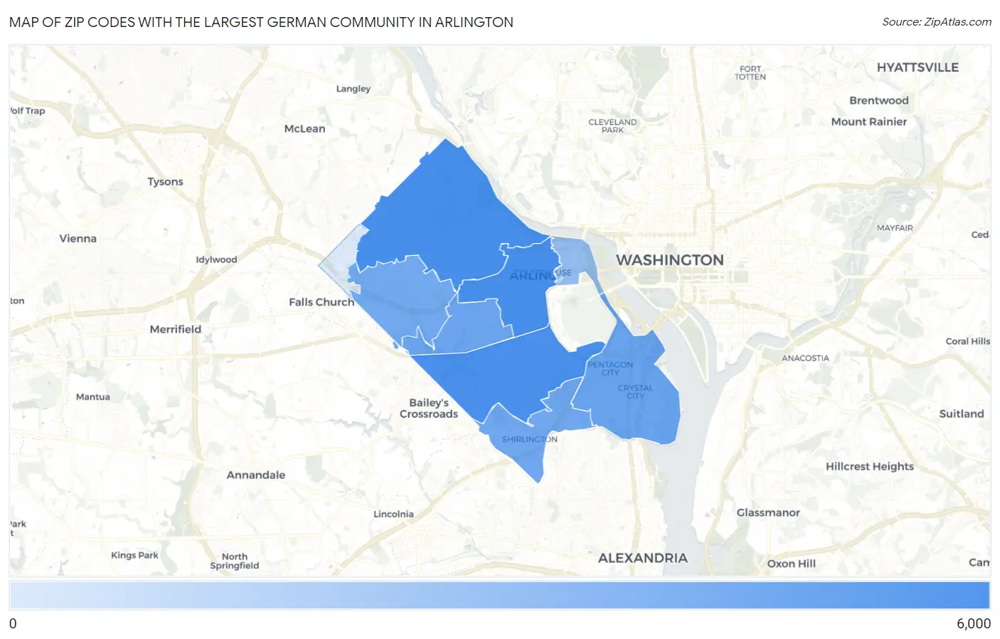 Zip Codes with the Largest German Community in Arlington Map