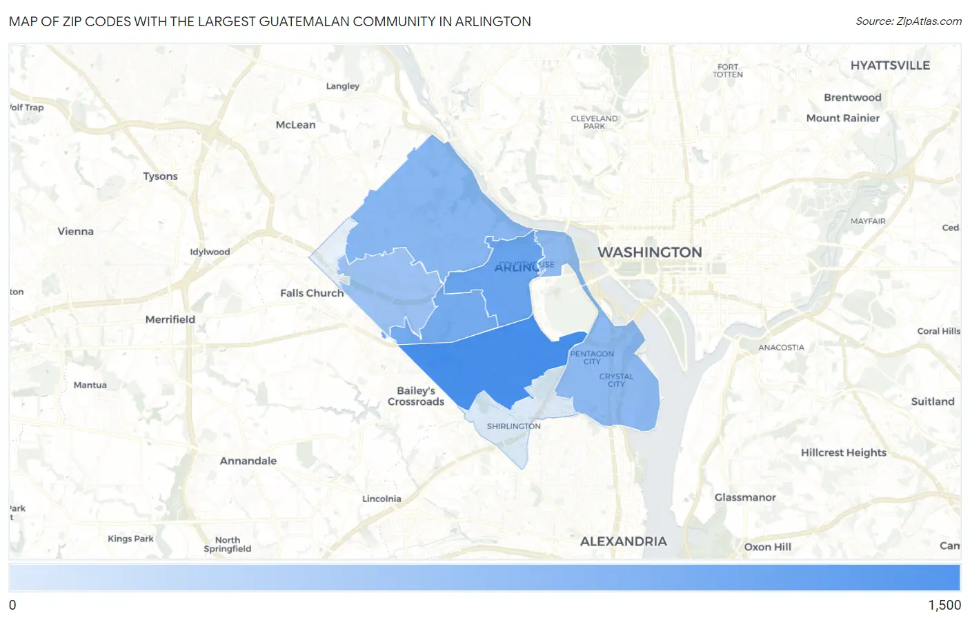 Zip Codes with the Largest Guatemalan Community in Arlington Map