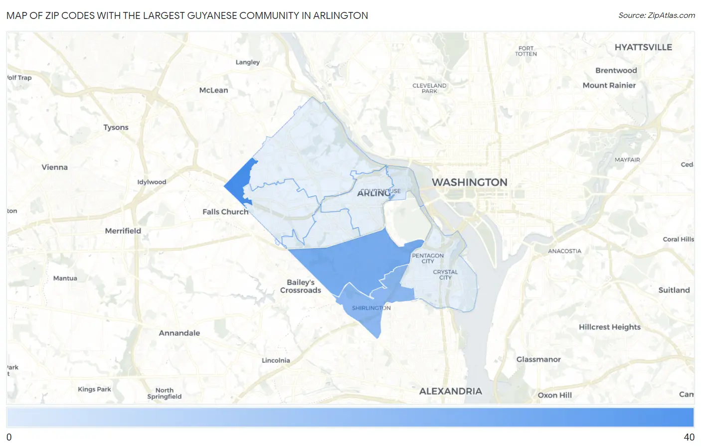 Zip Codes with the Largest Guyanese Community in Arlington Map