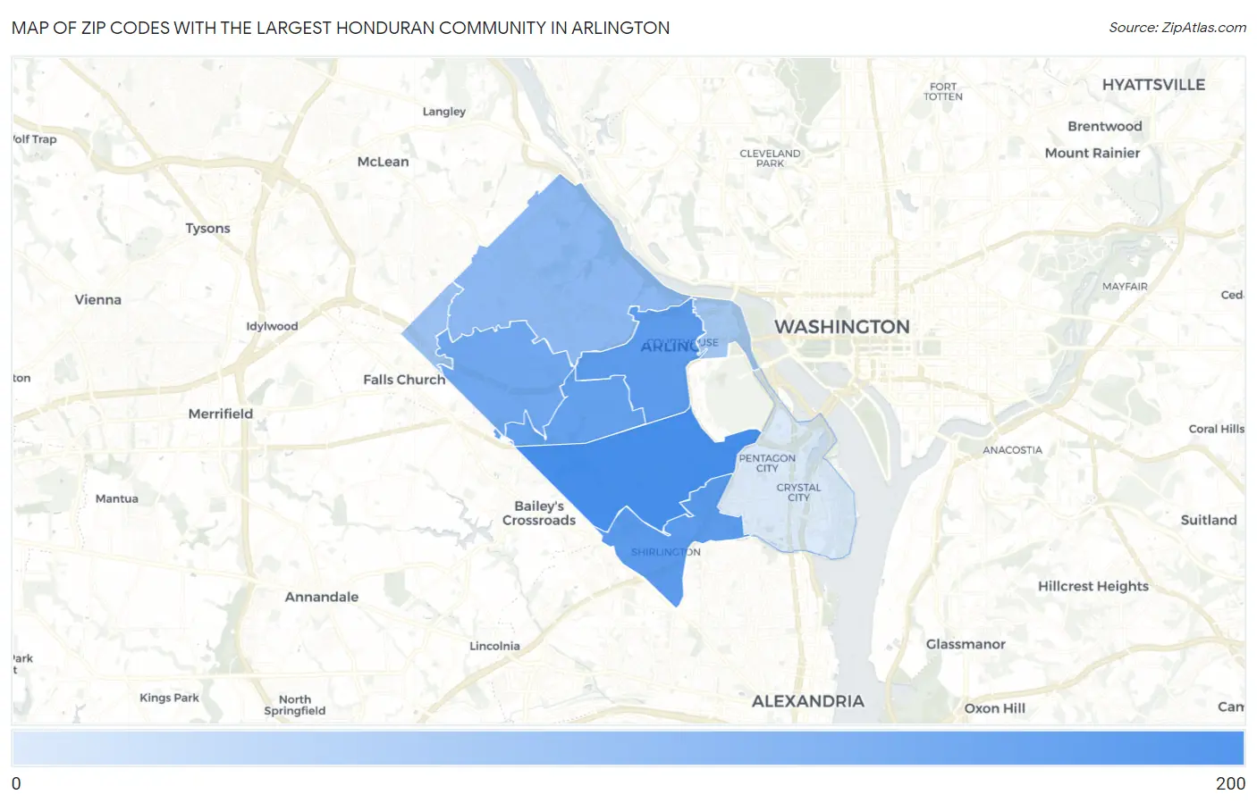Zip Codes with the Largest Honduran Community in Arlington Map