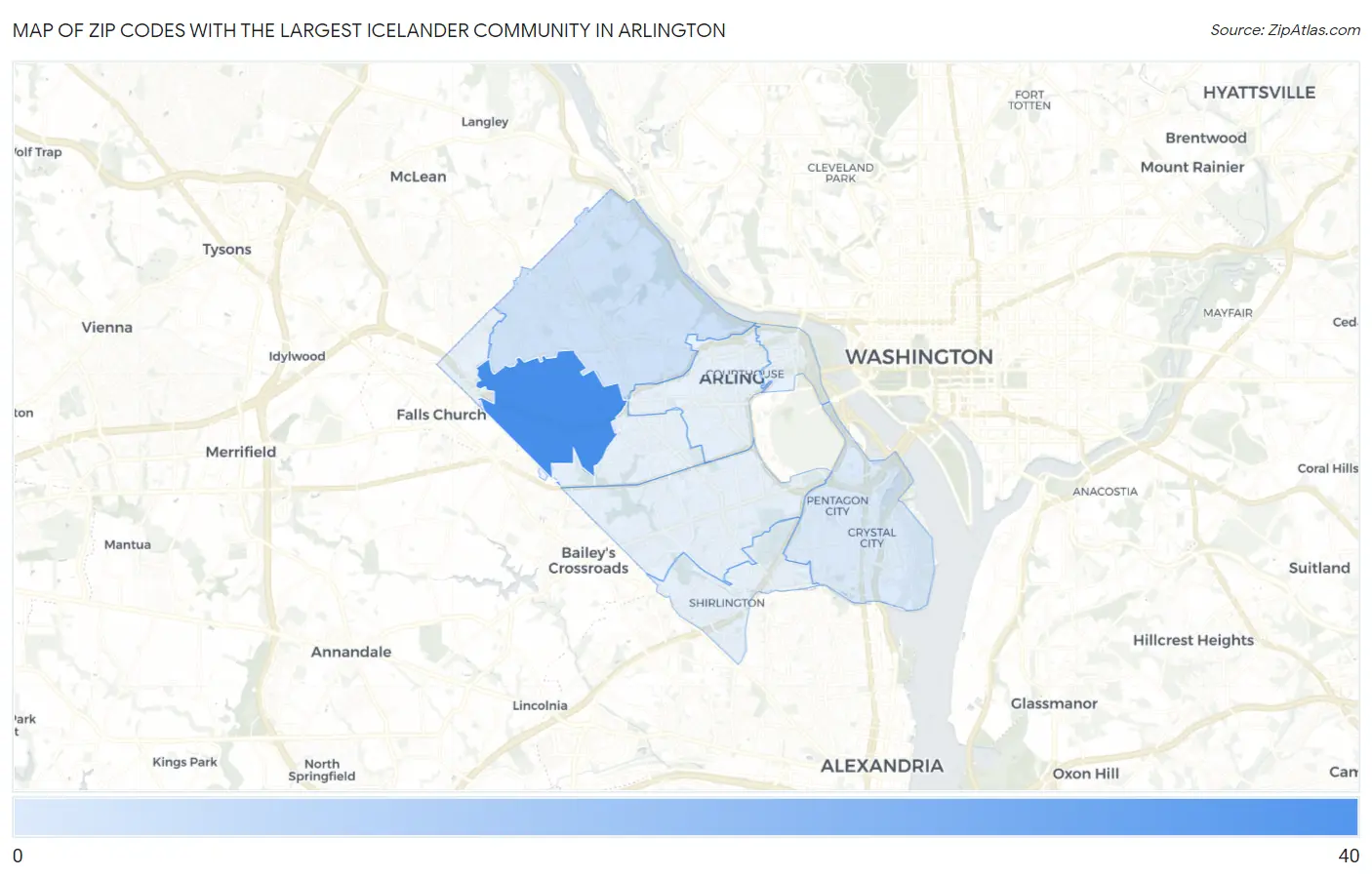 Zip Codes with the Largest Icelander Community in Arlington Map