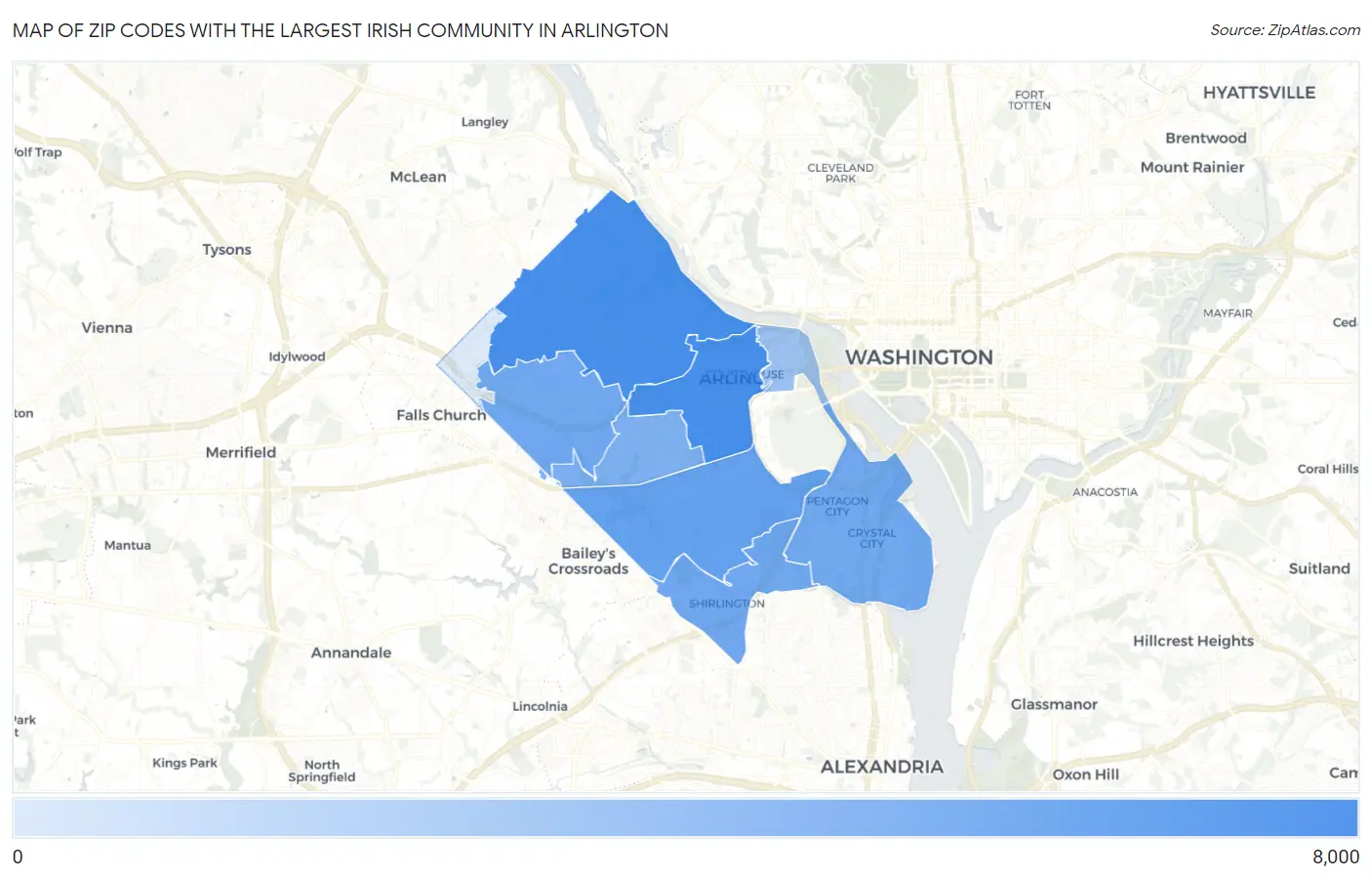 Zip Codes with the Largest Irish Community in Arlington Map
