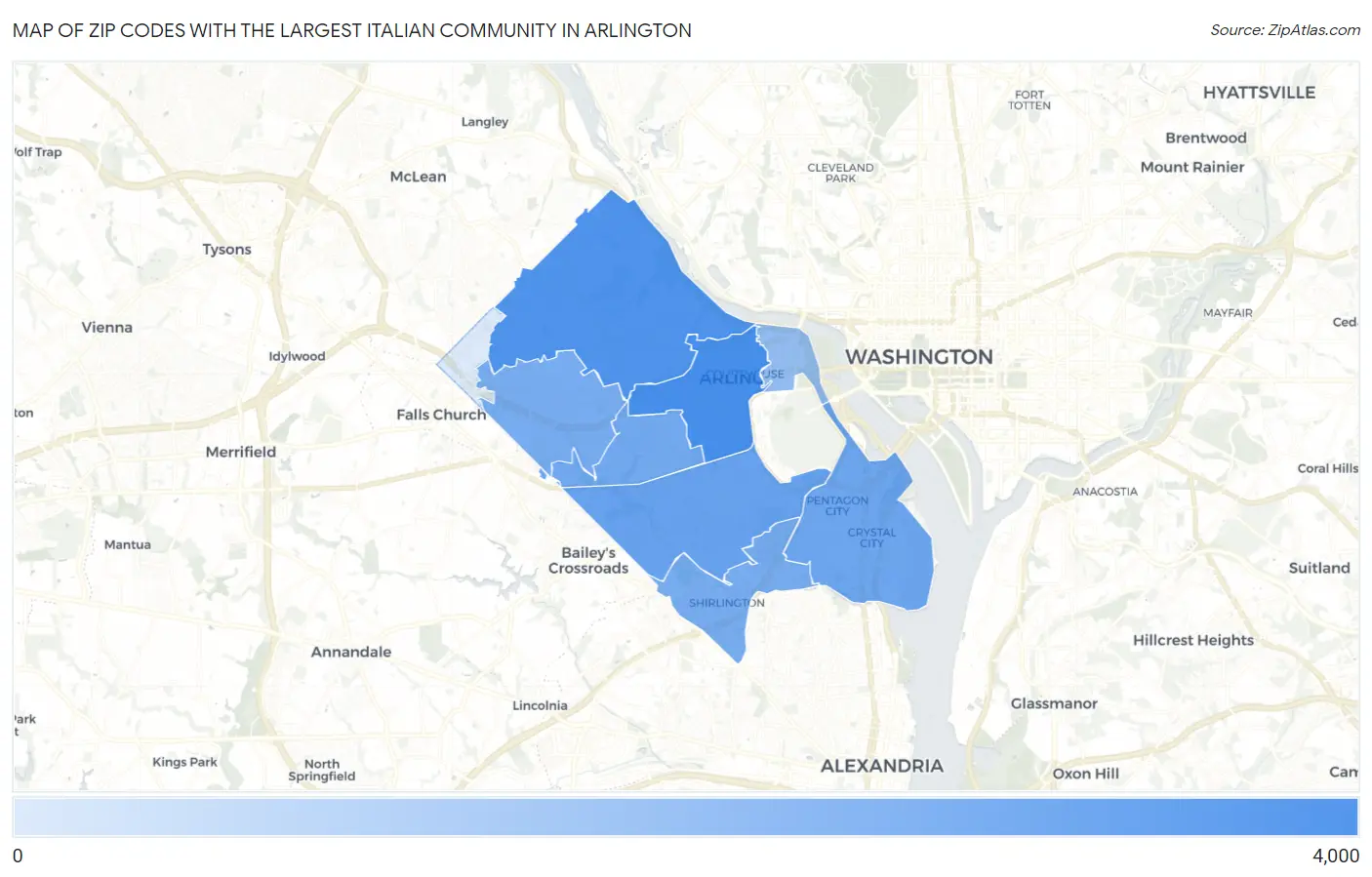 Zip Codes with the Largest Italian Community in Arlington Map
