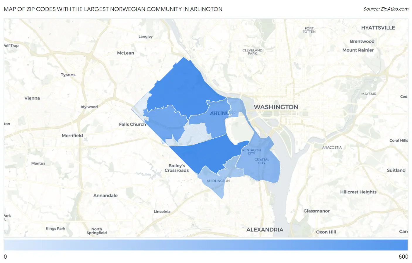 Zip Codes with the Largest Norwegian Community in Arlington Map