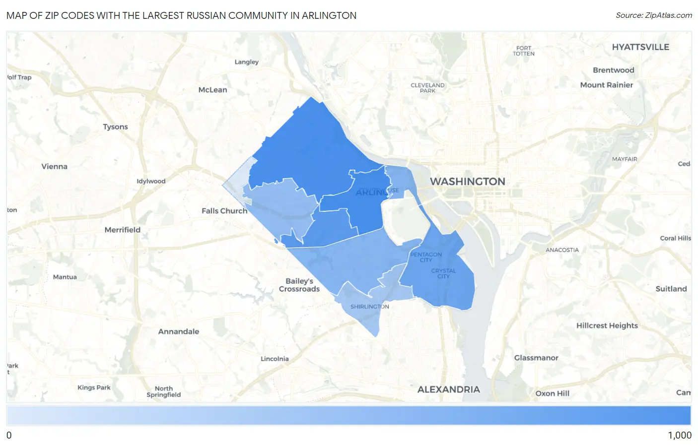 Zip Codes with the Largest Russian Community in Arlington Map