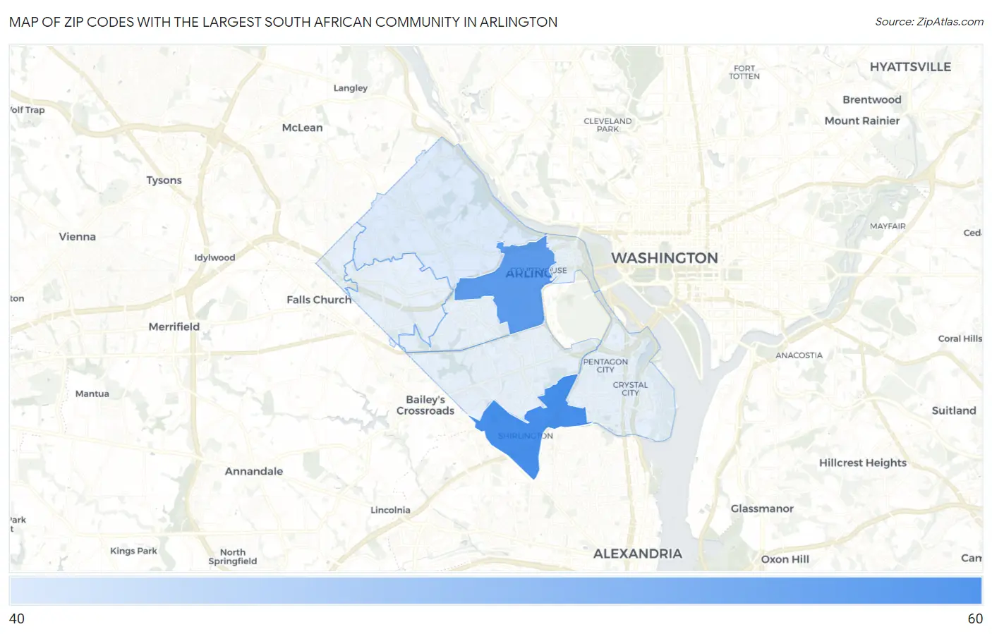 Zip Codes with the Largest South African Community in Arlington Map
