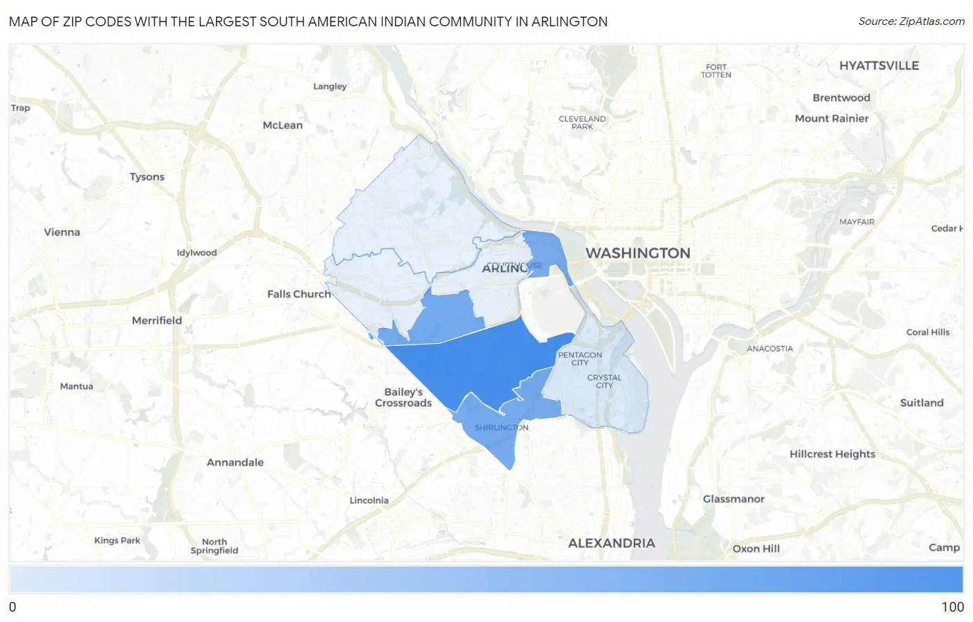 Zip Codes with the Largest South American Indian Community in Arlington Map