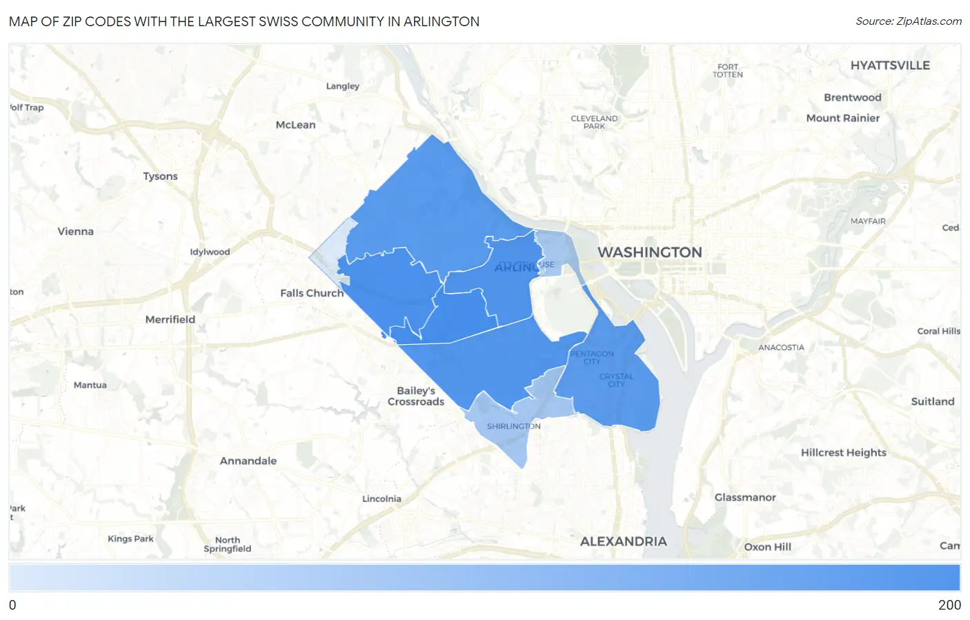 Zip Codes with the Largest Swiss Community in Arlington Map
