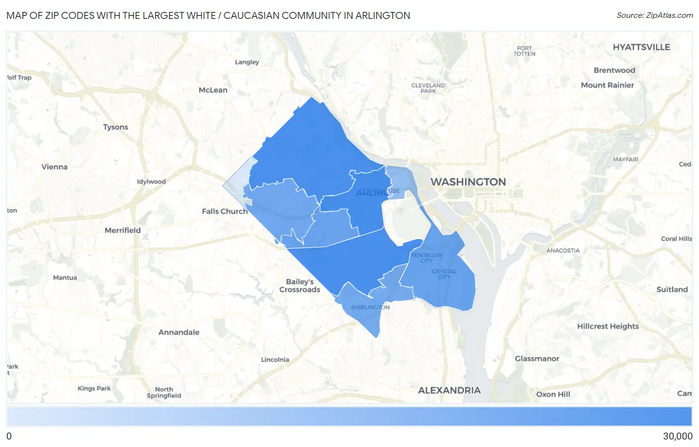 Zip Codes with the Largest White / Caucasian Community in Arlington Map