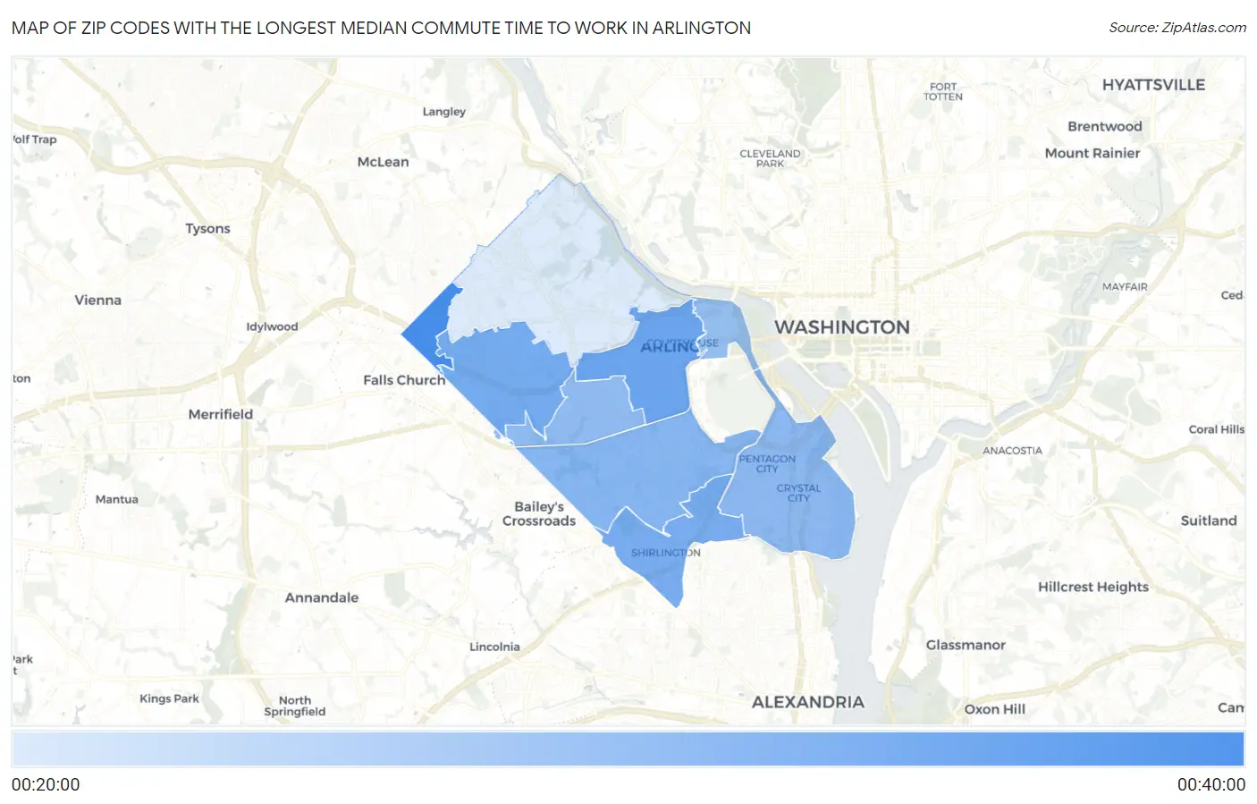 Zip Codes with the Longest Median Commute Time to Work in Arlington Map