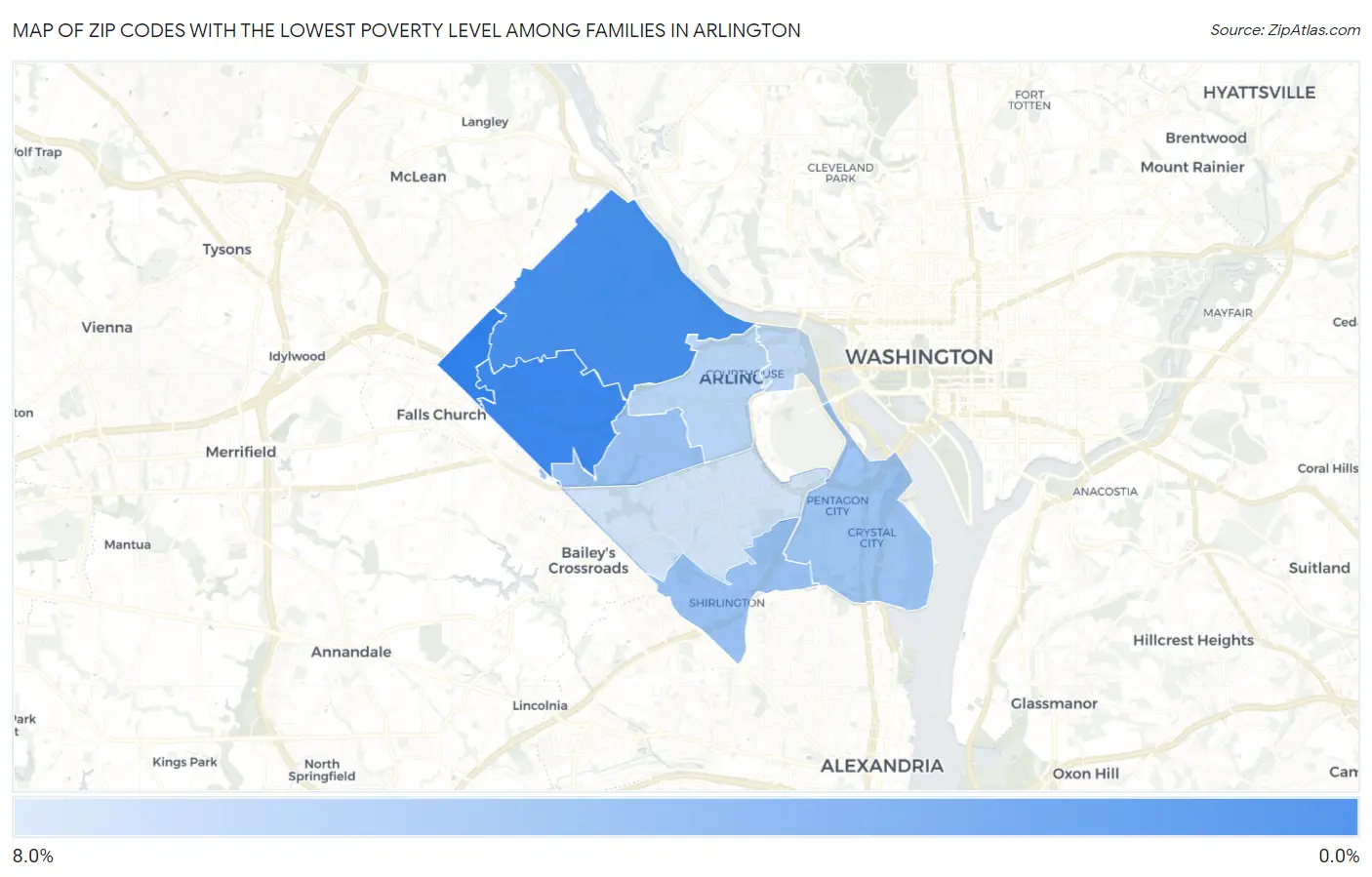 Zip Codes with the Lowest Poverty Level Among Families in Arlington Map