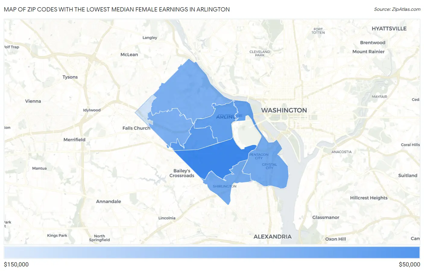 Zip Codes with the Lowest Median Female Earnings in Arlington Map
