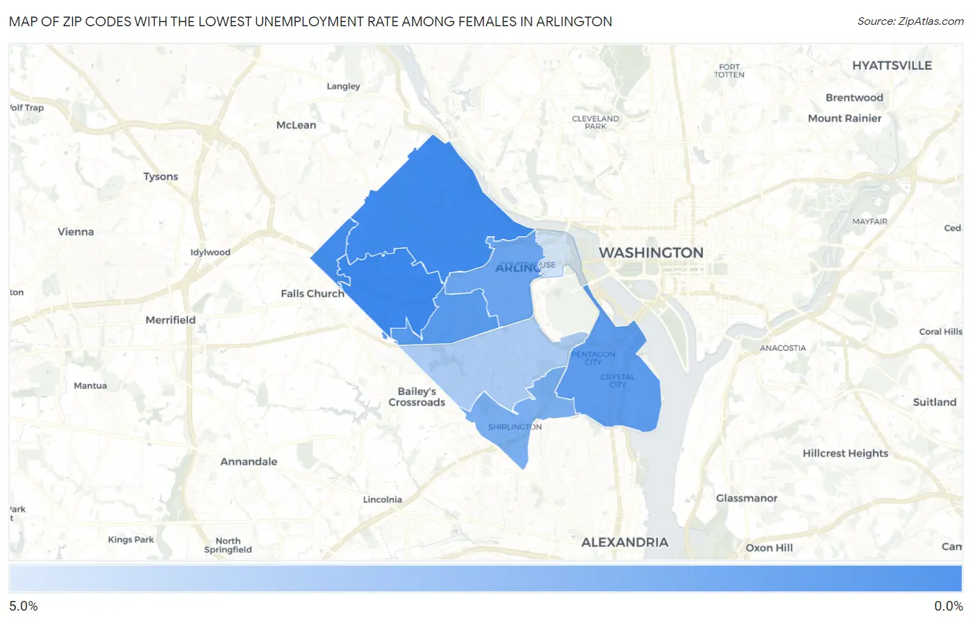 Zip Codes with the Lowest Unemployment Rate Among Females in Arlington Map