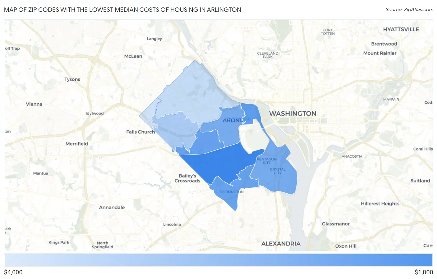Zip Codes with the Lowest Median Costs of Housing in Arlington Map