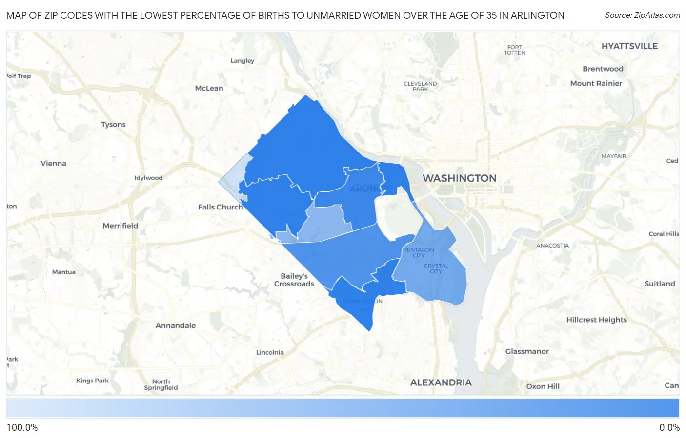 Zip Codes with the Lowest Percentage of Births to Unmarried Women over the Age of 35 in Arlington Map