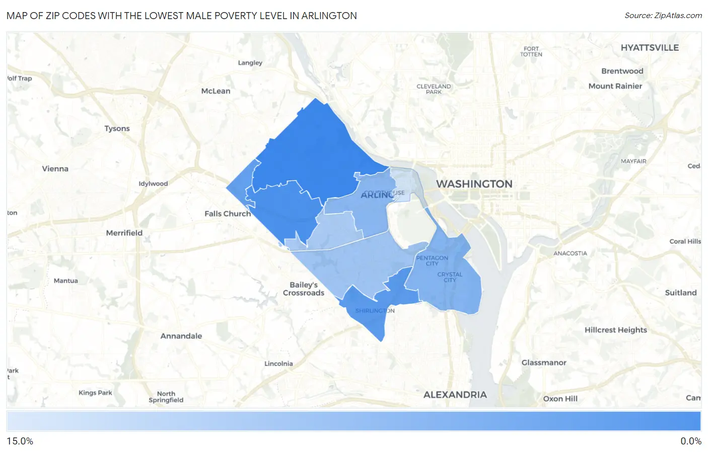 Zip Codes with the Lowest Male Poverty Level in Arlington Map