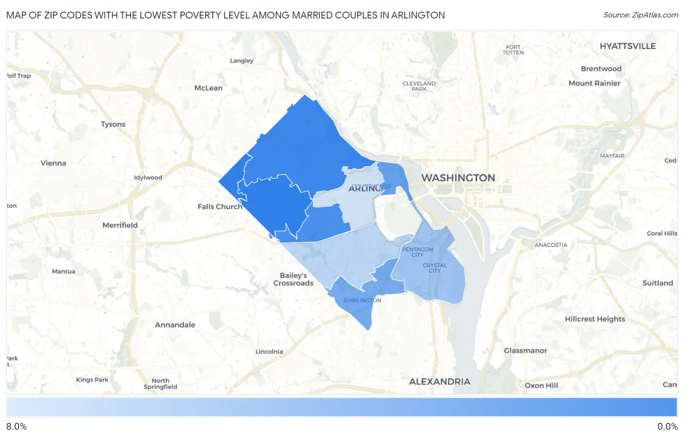 Zip Codes with the Lowest Poverty Level Among Married Couples in Arlington Map