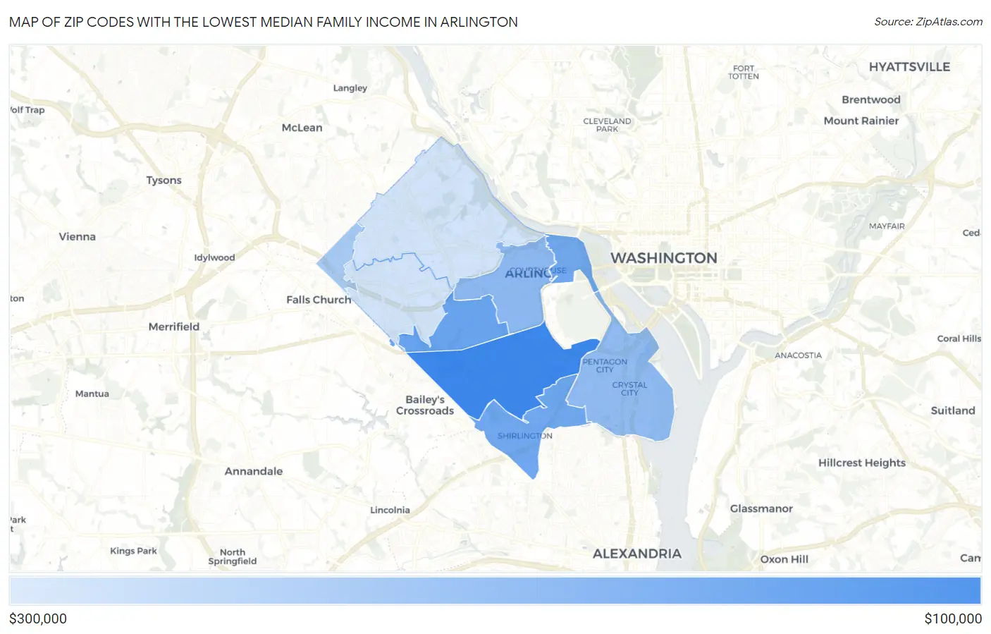 Zip Codes with the Lowest Median Family Income in Arlington Map
