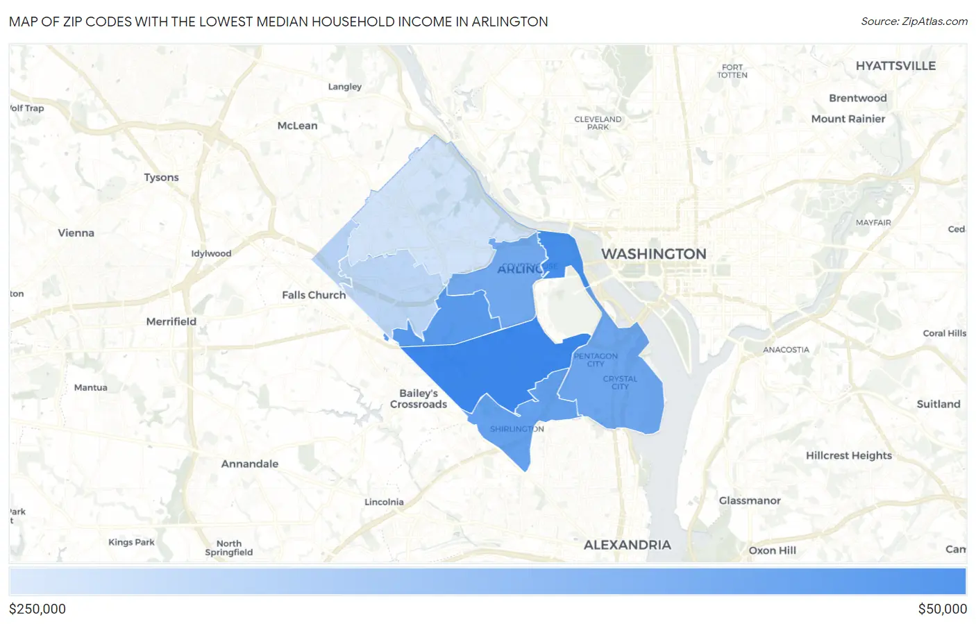 Zip Codes with the Lowest Median Household Income in Arlington Map
