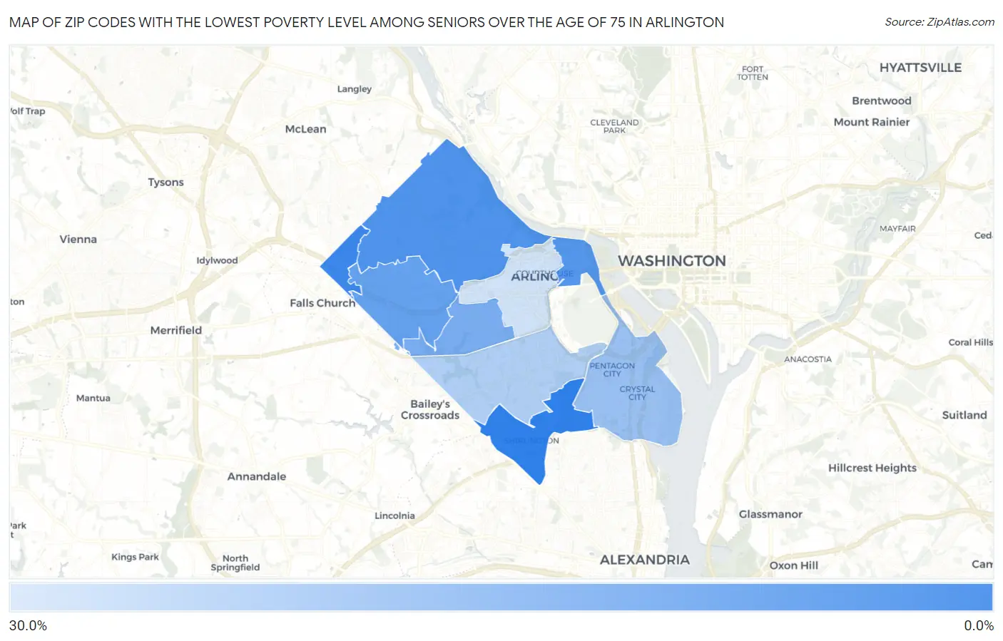 Zip Codes with the Lowest Poverty Level Among Seniors Over the Age of 75 in Arlington Map