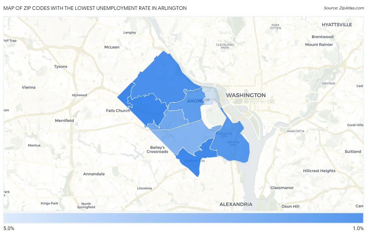 Zip Codes with the Lowest Unemployment Rate in Arlington Map