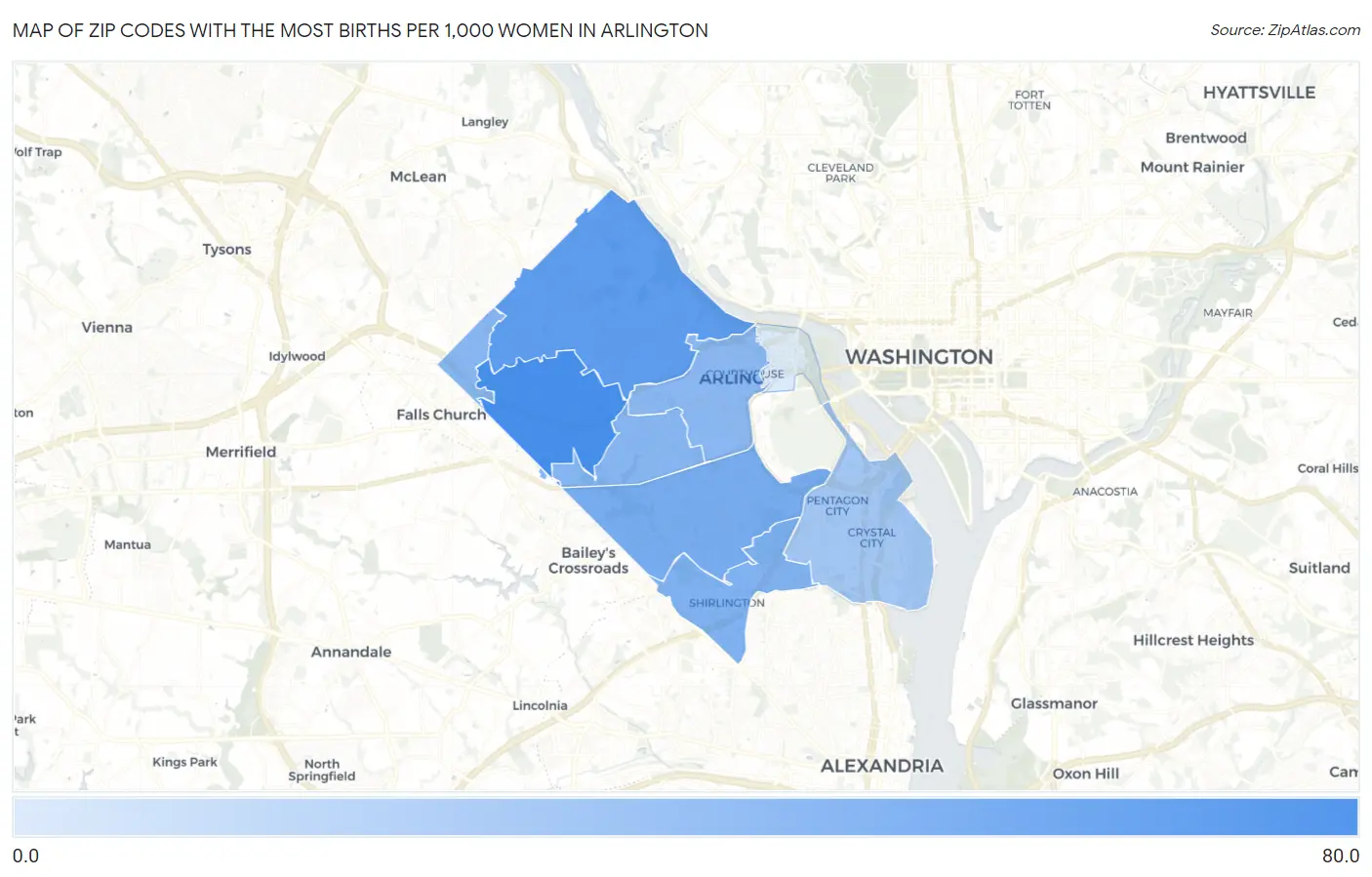 Zip Codes with the Most Births per 1,000 Women in Arlington Map