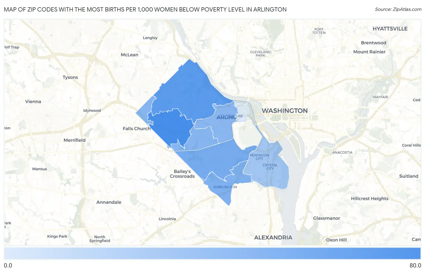 Zip Codes with the Most Births per 1,000 Women Below Poverty Level in Arlington Map