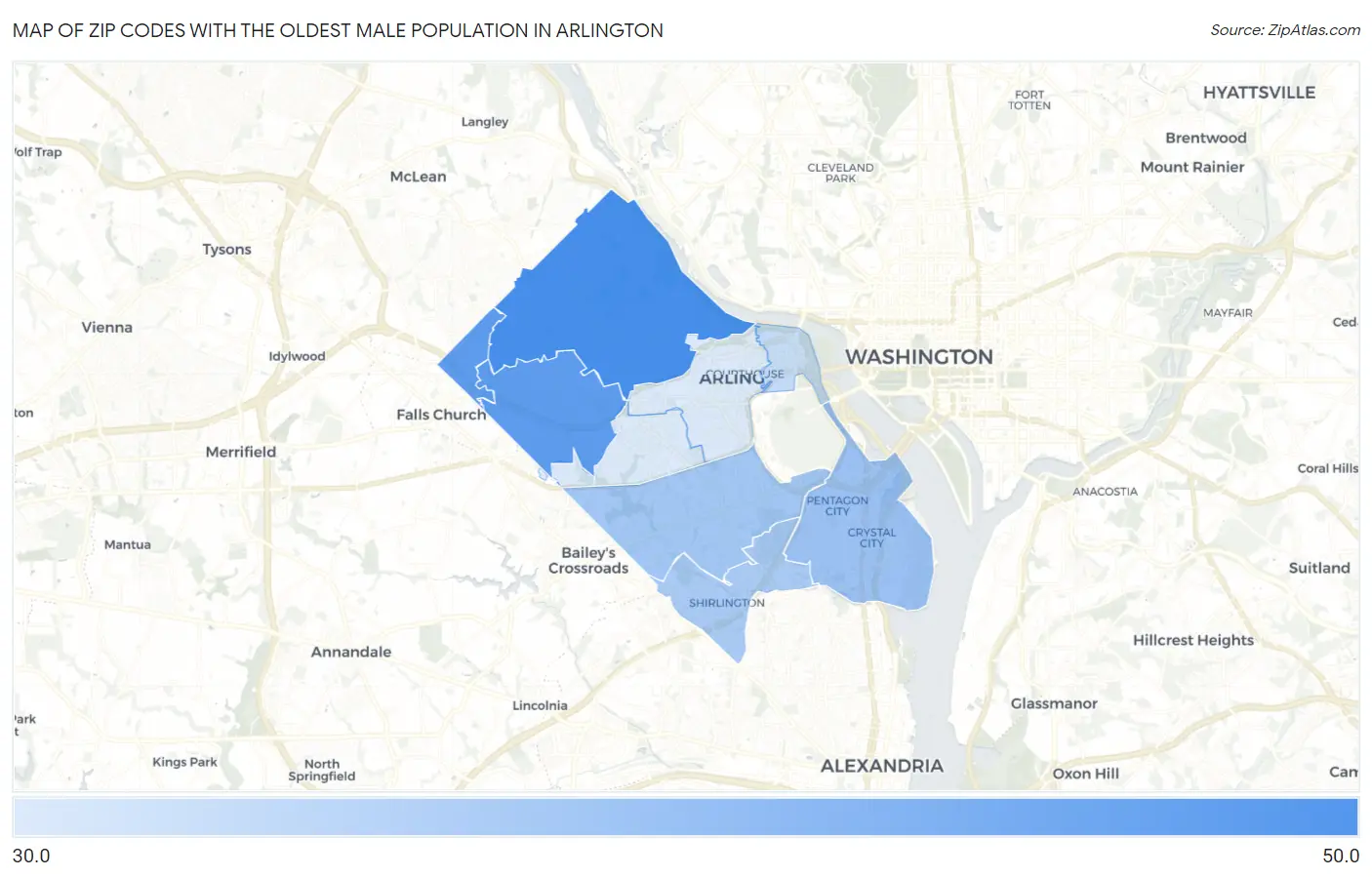 Zip Codes with the Oldest Male Population in Arlington Map