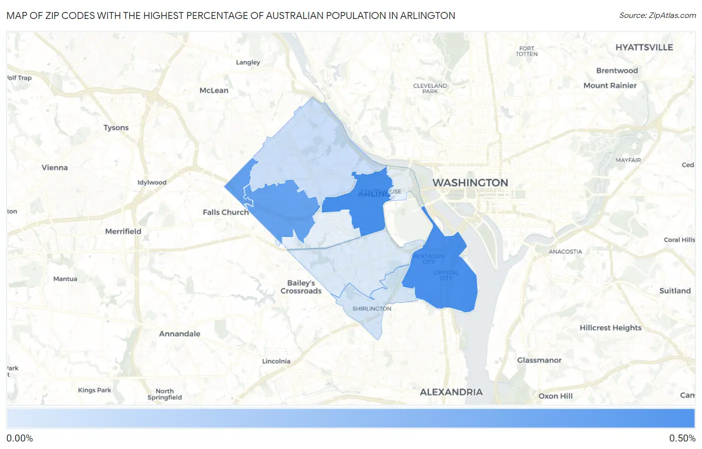 Zip Codes with the Highest Percentage of Australian Population in Arlington Map