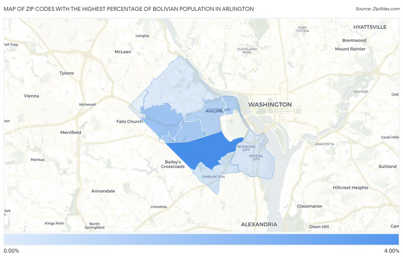 Zip Codes with the Highest Percentage of Bolivian Population in Arlington Map