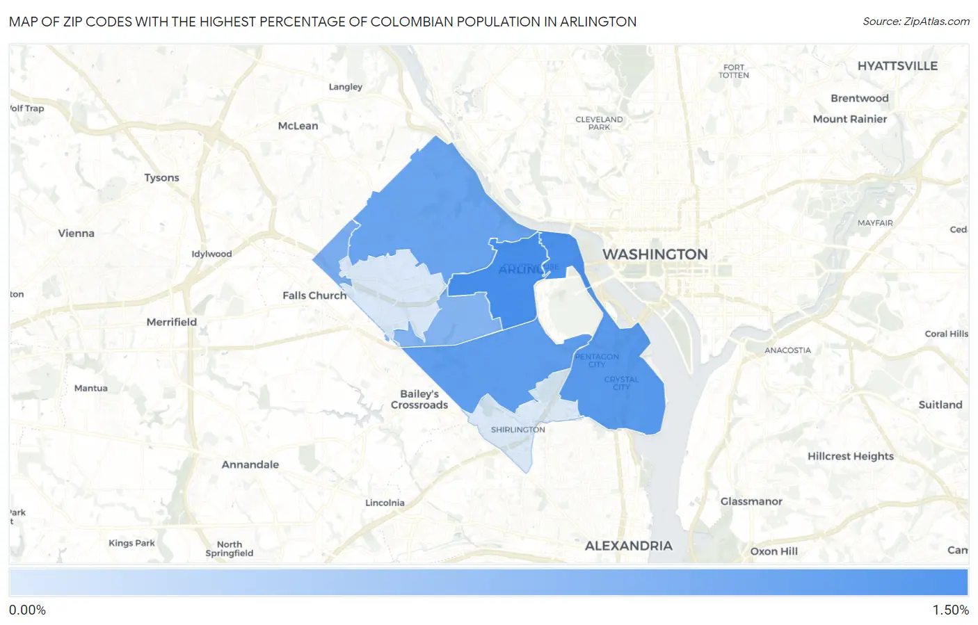 Zip Codes with the Highest Percentage of Colombian Population in Arlington Map