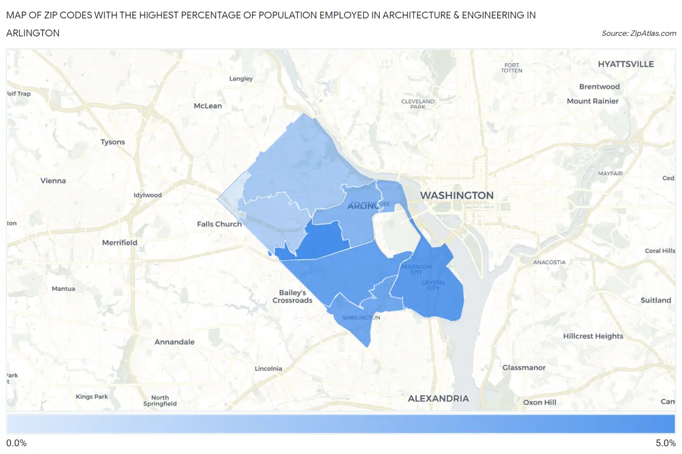 Zip Codes with the Highest Percentage of Population Employed in Architecture & Engineering in Arlington Map
