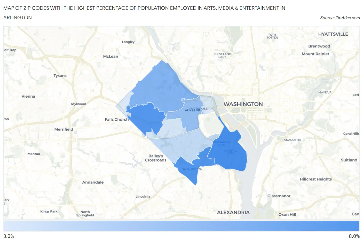 Zip Codes with the Highest Percentage of Population Employed in Arts, Media & Entertainment in Arlington Map
